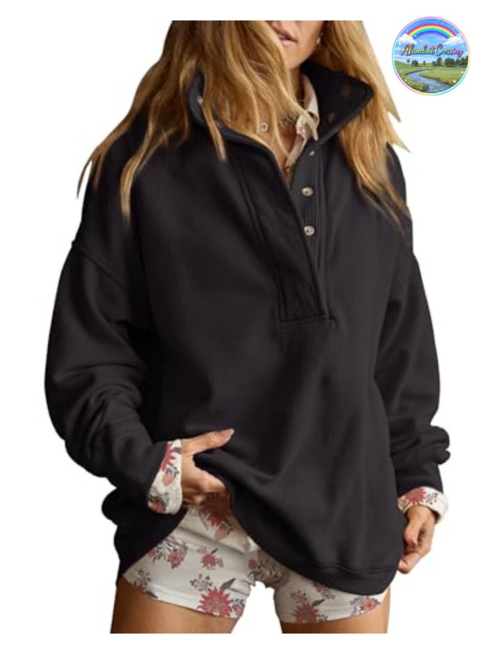Oversized Henley Neck Pullover Sweatshirt Cotton Blend Snap Button